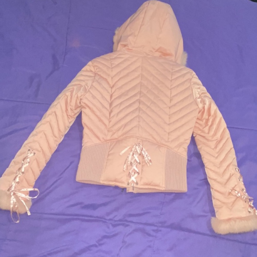Bebe puffer jacket corset pink satin silk peach lace up y2k vintage silky coat